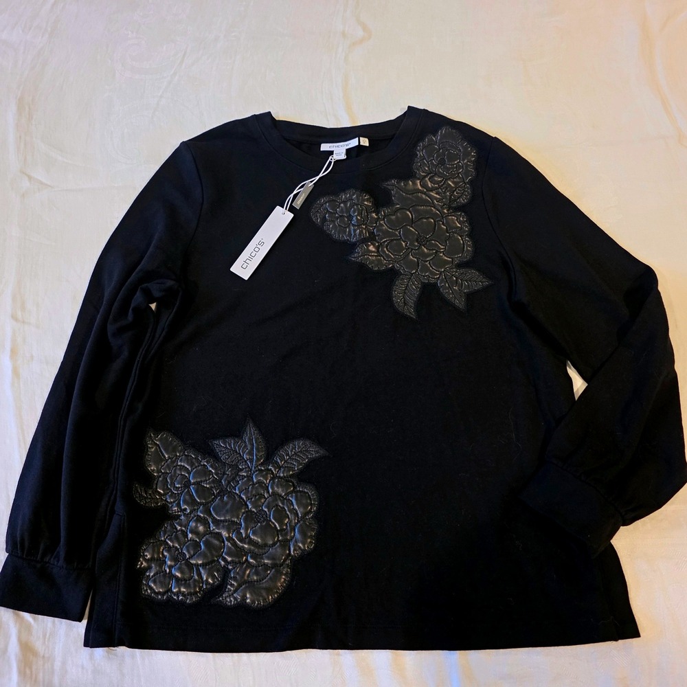 Chicos Zenergy Black Faux Leather Floral Applique Sweatshirt Top Size 1 M NEW